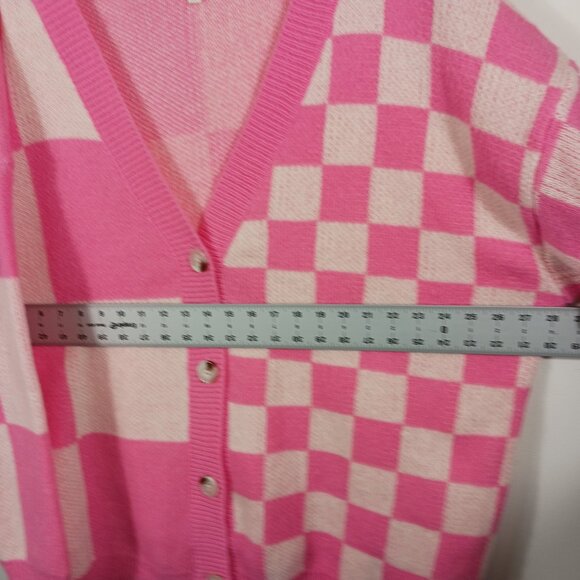 BIBI Pink & Ivory Mixed Checkered Oversized Cardigan Sweater Size LRG, Cozy Chic - Picture 10 of 16